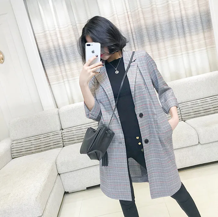 ALPHALMODA осенние женские винтажные клетчатые костюмы с рукавами, однобортный Женский Повседневный тонкий костюм