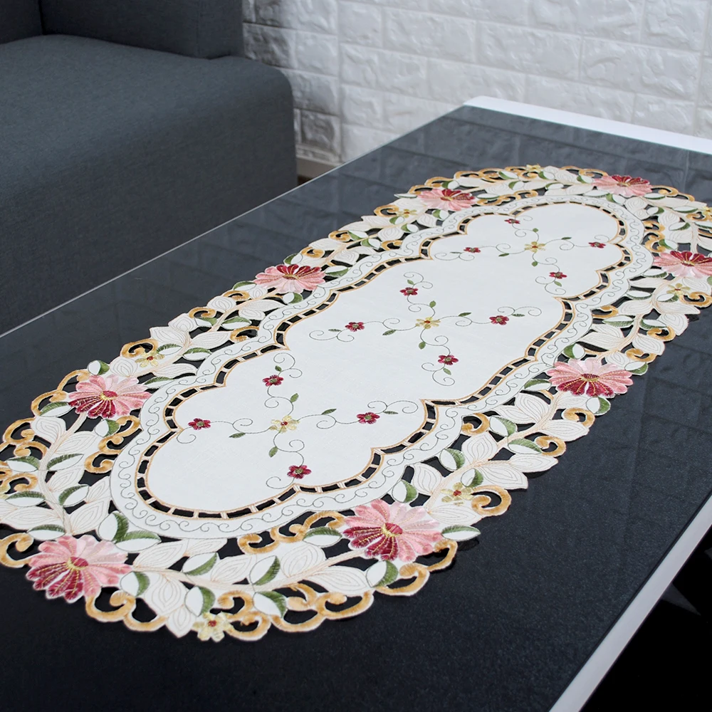 RAYUAN Handmade Embroidered Daisy Flower Cutwork Oval Tablecloth Wedding Party Decor Table Cover Cloth 40x85CM | Дом и сад
