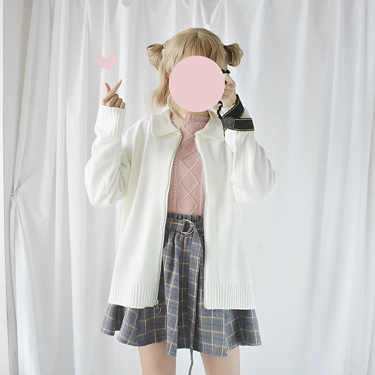 Cute Pure Color Heart Zipper Women's Sweater Preppy Style Long Sleeve Turn Down Collar Knitted Cardigan Teen Girls Sweaters 2018 |