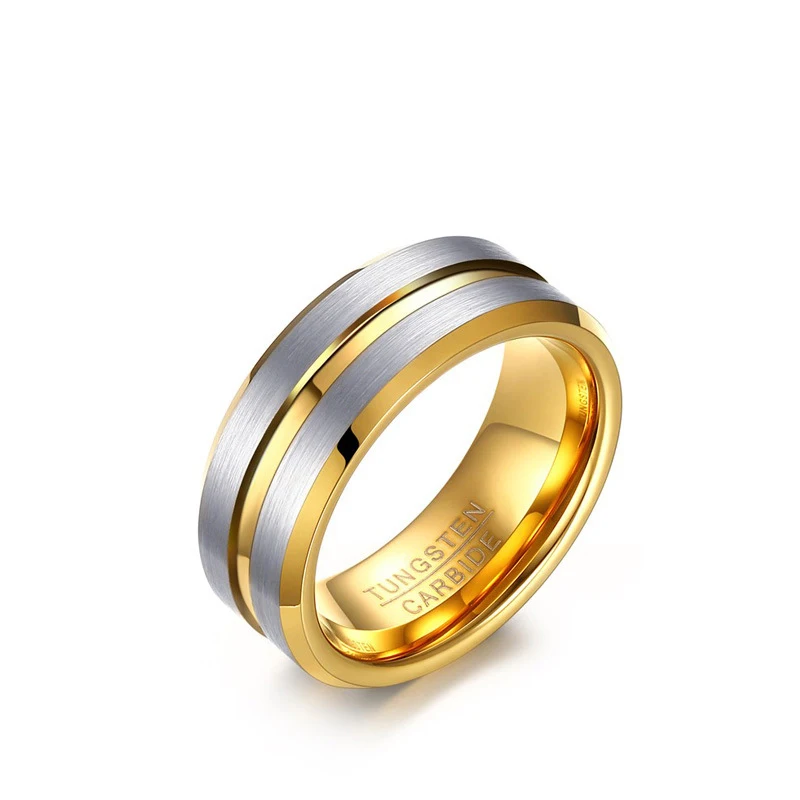 

Hot Sale High Quality 8mm Middle Gold Line Tungsten Men Ring