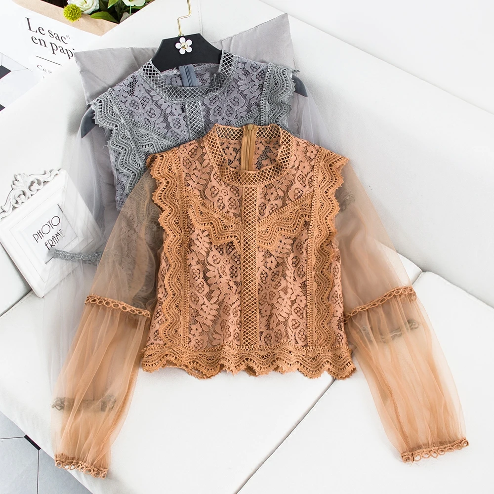 Elegant Women Summer Hollow Out lantern Sleeve O-neck Shirt Lady Patchwork Lace Flower High Waist Mesh Net Yarn Blouse Short Top