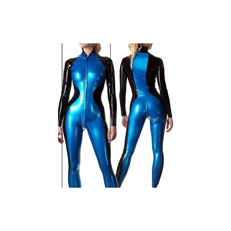 Латексный резиновый темно синий и черный костюм кошки модный боди на молнии