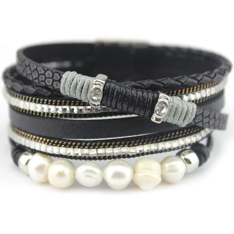Многослойный кожаный браслеты из нержавеющей стали для женщин Полный Стразы