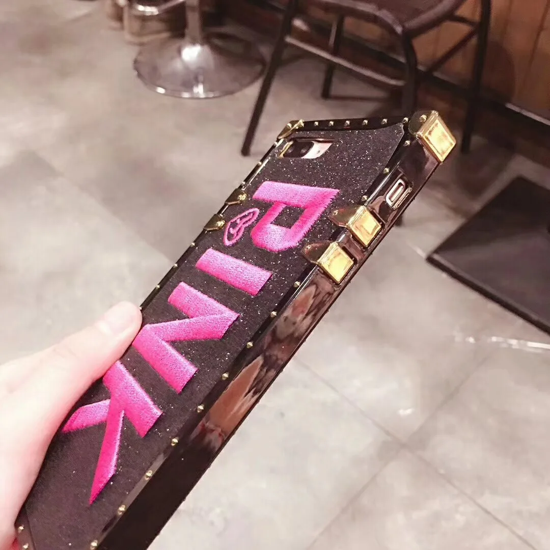 Luxury Embroidery 3D PINK Soft Case for iphone 6 6s 7 8 7Plus Glitter Metal Square Phone cover Cases iPhone X XR XS MAX Plus |