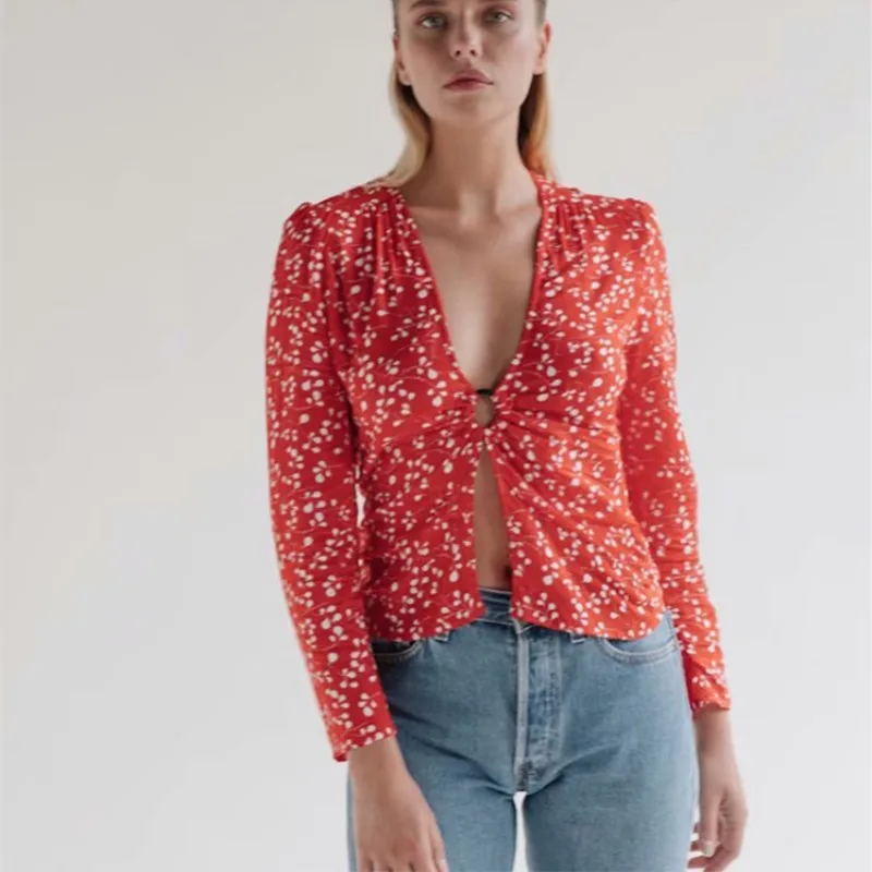 Винтажная блузка с цветочным принтом женская уличная рубашка треугольным