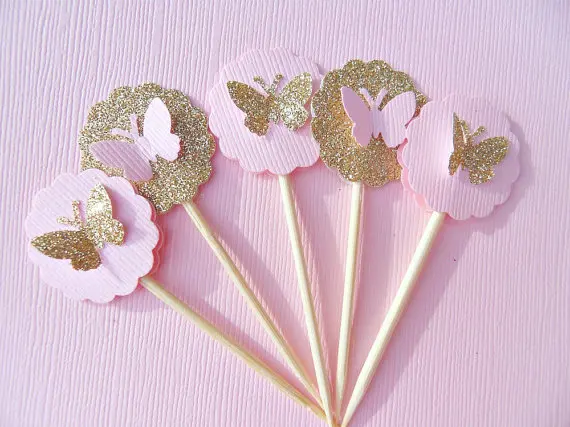 

Gold Glitter Butterfly engagement Cupcake Toppers wedding bridal shower Party treat toothpicks photo booth props