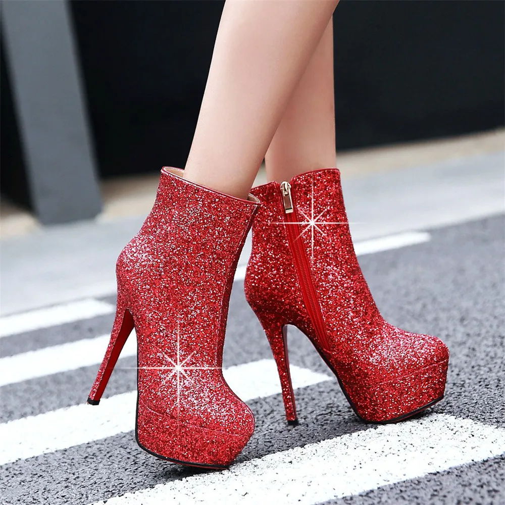

Drestrive Fashion Sequined Cloth Bling Women Ankle Boots Large Size 43 Supper High Heel 14 CM Platform Zipper Winter Boots