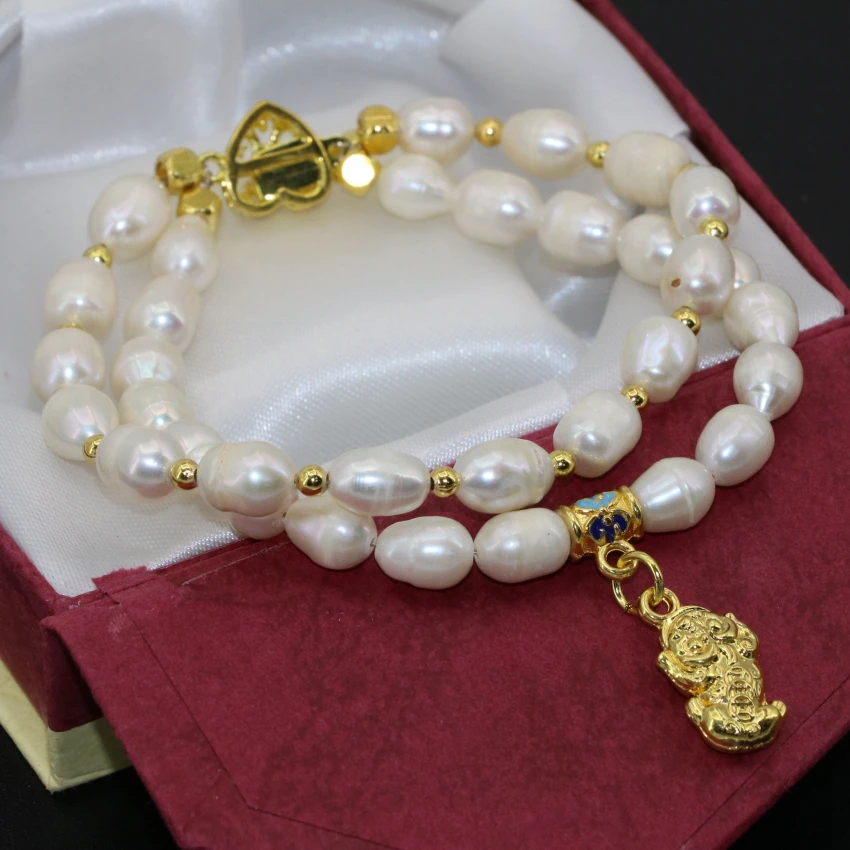 Free shipping top quality 7-8mm white natural freshwater cultured barrel rice pearl two rows clasp bracelets jewelry 8inch B2759 | Украшения