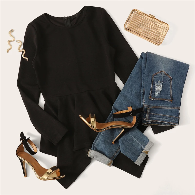 SHEIN Однотонный Топ С Асимметричным Низом И Молнией Женская Черная Классическая Блузка С Длинными Рукавами