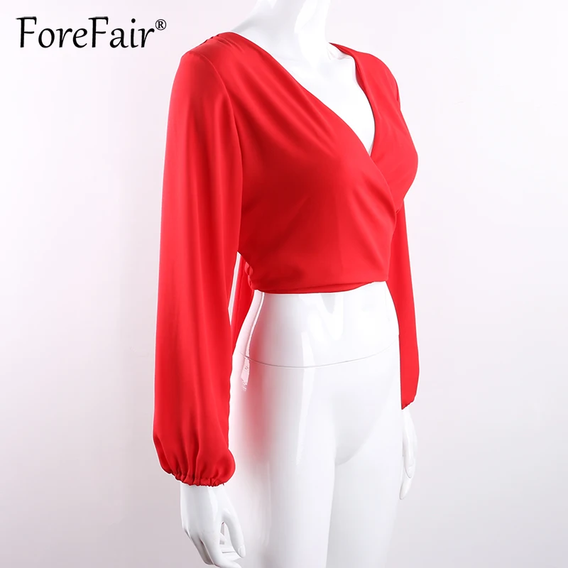 Forefair, открытая спина, v-образный вырез, белая сексуальная блузка, женская летняя рубашка с запахом, длинный рукав, шифон, Женские топы и блузки