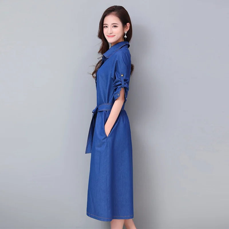 Новинка 2019 женские весенние джинсовые платья больших размеров синее платье с