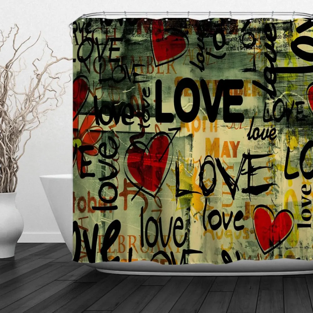 Polyester Fabric Waterproof Shower Curtain with Hooks Fancy Supernatural Abstract Design Love Words
