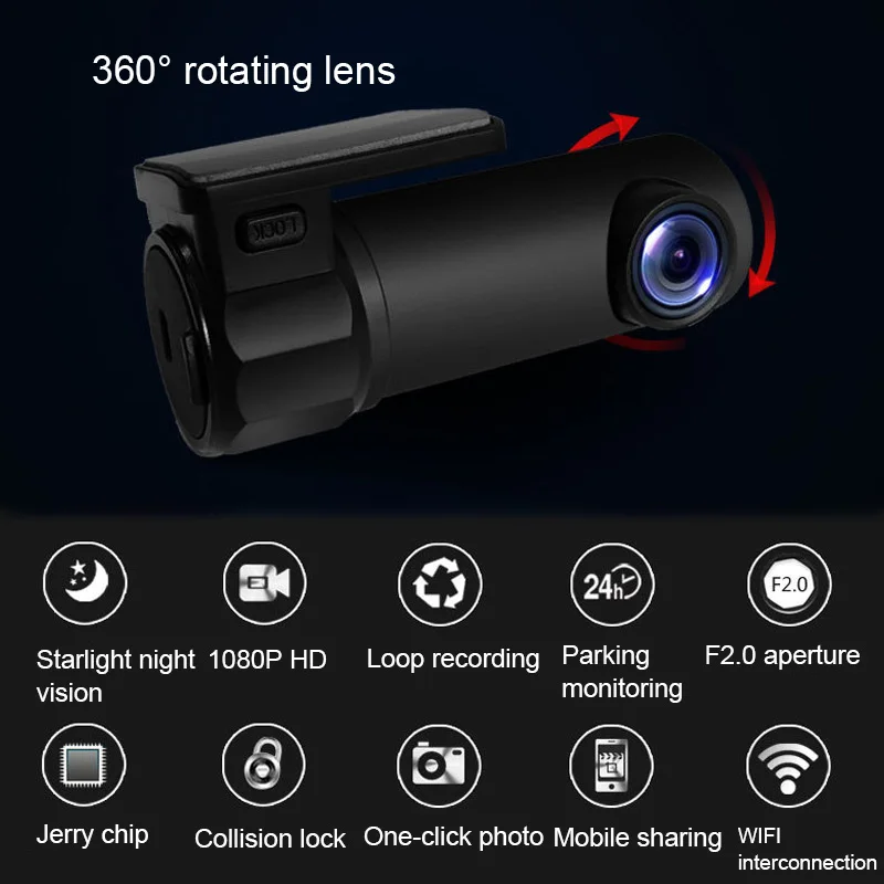 TOSPRA камера Автомобильный видеорегистратор Full HD 1080P Мини WiFi с поворотом на 360