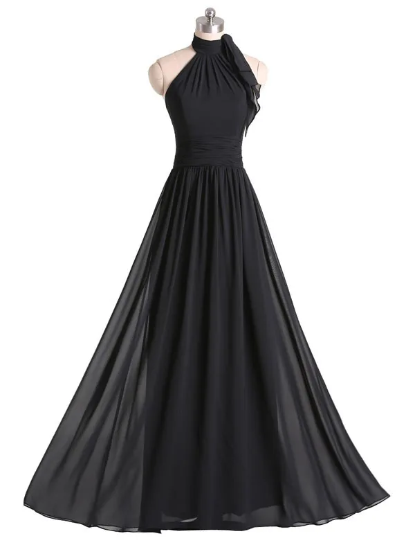 Шифон Подружкам невесты длинные 2017 черный с высокой горловиной открытыми