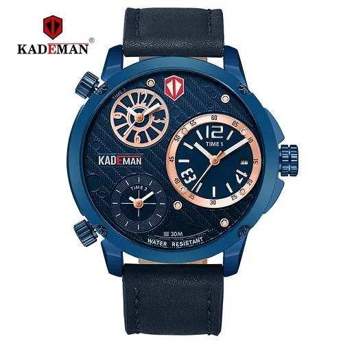 Blue KADEMAN мужские часы с большим циферблатом и 3 часовыми поясами, модные бизнес роскошные брендовые Водонепроницаемые кожаные часы из розового золота 6100 - Цвет: Blue