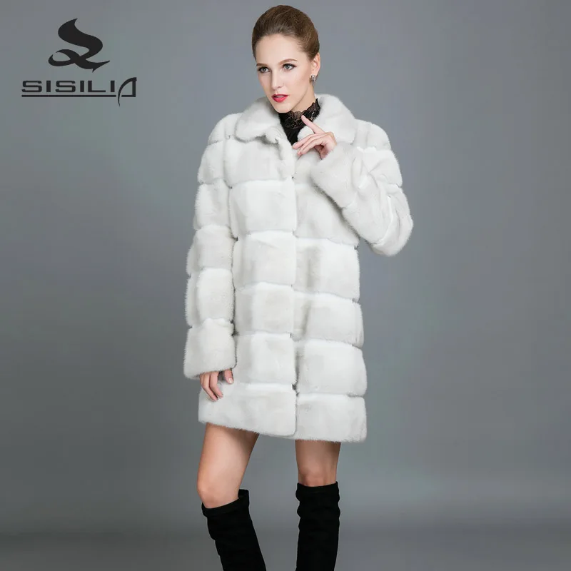 SISILIA 2017 New Women's Best Mink Fur Coat Fashion High Quality Stripe Jackets Slim Long Warm fur Coats Of Female | Женская одежда