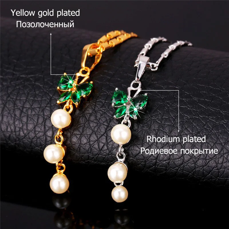 U7 Золотой/Серебряный Цвет Синтетический Жемчуг Ожерелье Серьги С зеленом Камнем
