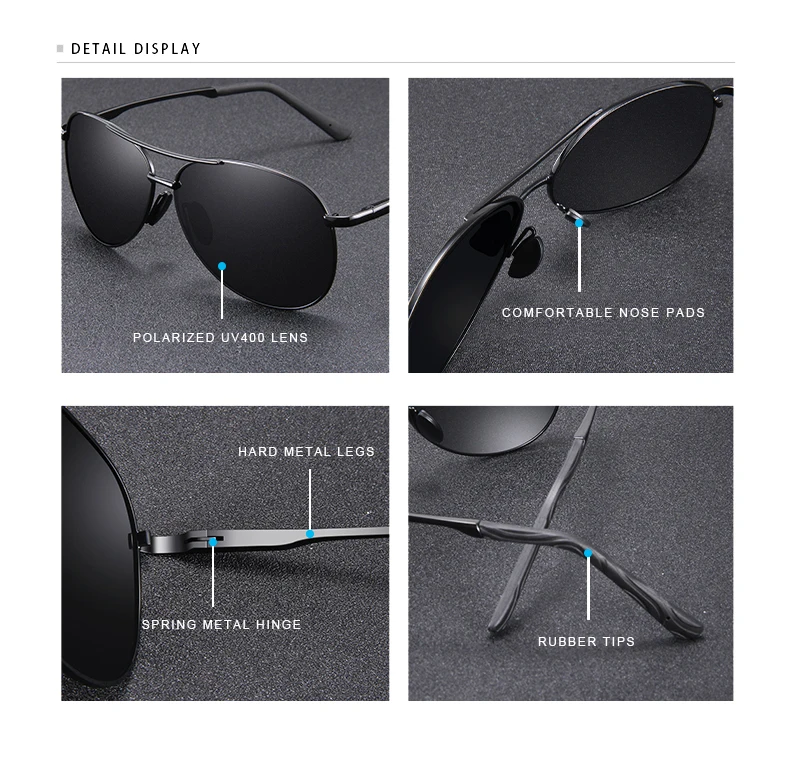 CONCHEN Pilot Polarized Sunglasses Men Women Metal Frame Spring Hinge Driving Sun Glasses Male Retro Sunglasses
