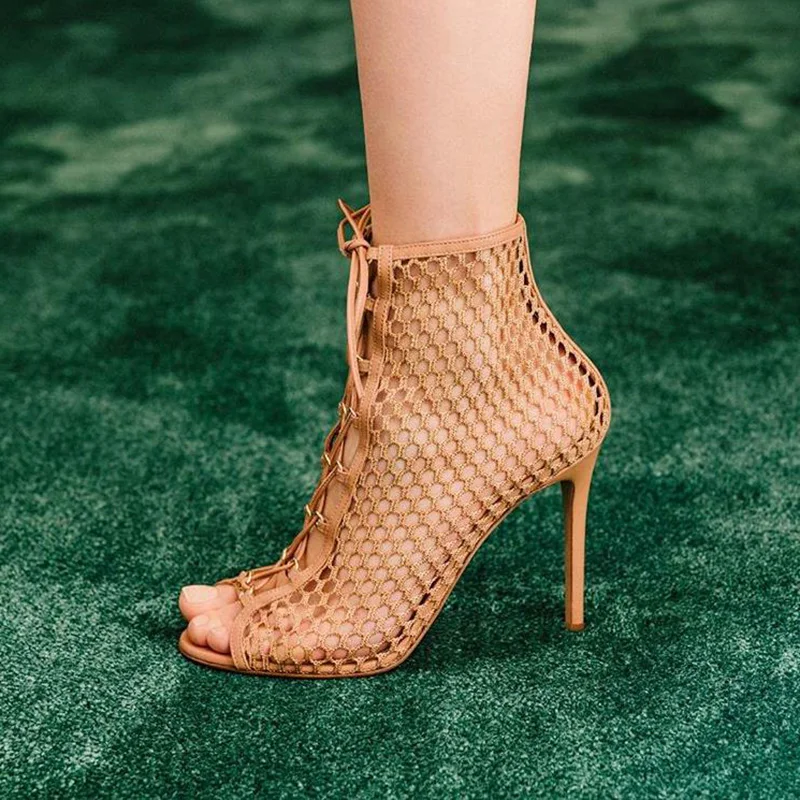 

Женские сетчатые ботильоны с перекрестной шнуровкой, обувь на шпильке, очень высокий тонкий каблук, с открытым носком, на шнуровке, большие размеры 6 16, на лето