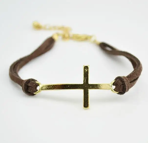 M&T(24pc/lot) Free Shipping New Hotselling Leather sideways Gold Cross Charm Bracelet 2013 Wholesale|bracelet fashion|bracelet punkcharm bracelet