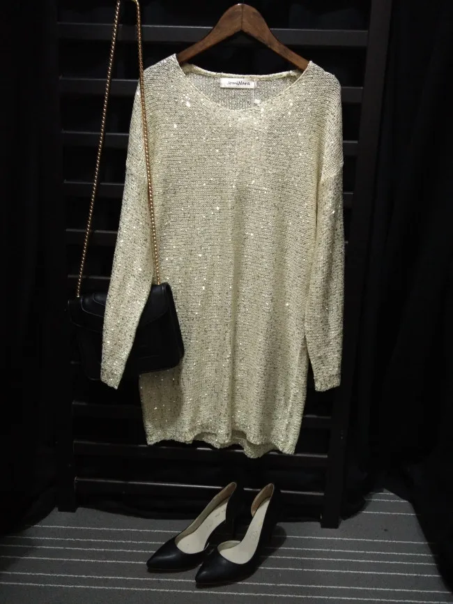 Cakucool блестками вязаное платье Для женщин с длинным рукавом Осень Vestidos украсить Повседневное прямой v-образный вырез Бисер короткий вязаный тянуть платья - Цвет: apricot