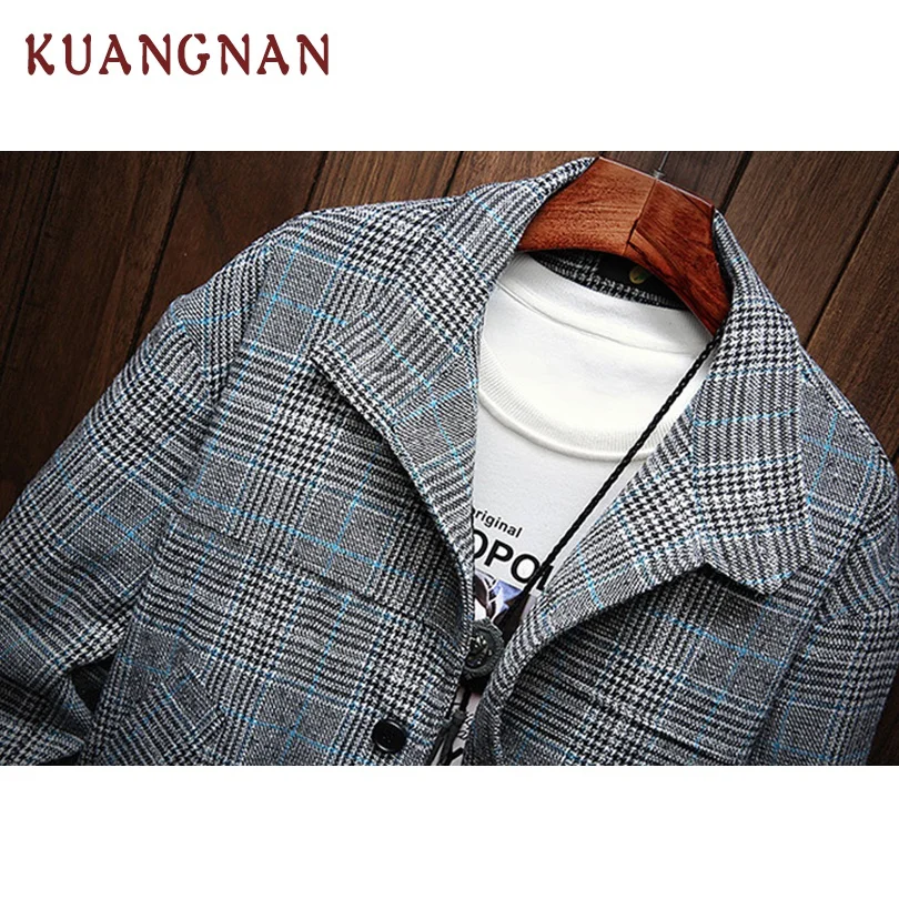 KUANGNAN Woolen Plaid Jacket Men Streetwear Bomber Coat Windbreaker Clothes Hip Hop 2019 New | Мужская одежда
