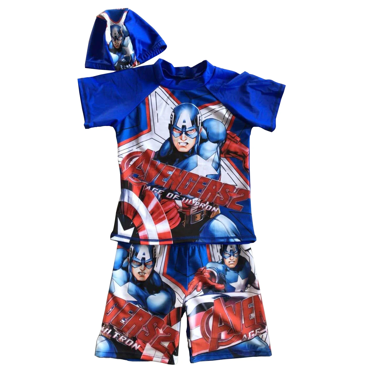 Captain American Купальный костюм для мальчиков комплект из 3 предметов: купальный костюм с короткими рукавами и защитой от ультрафиолета UPF50+ детские купальные костюмы с рисунками из мультфильмов и плавки - Цвет: Captain American