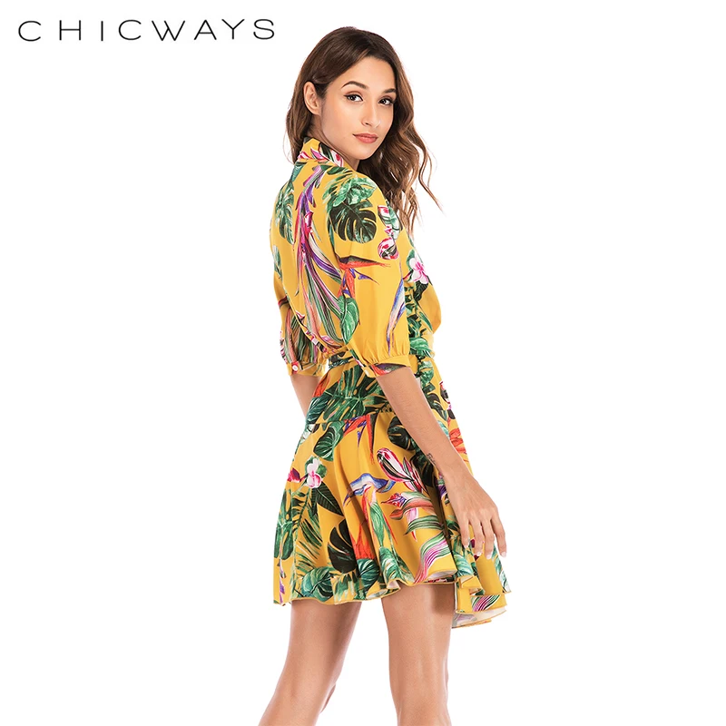 Chicways тропические Плам лист печати элегантное платье для женщин Сексуальная V шеи