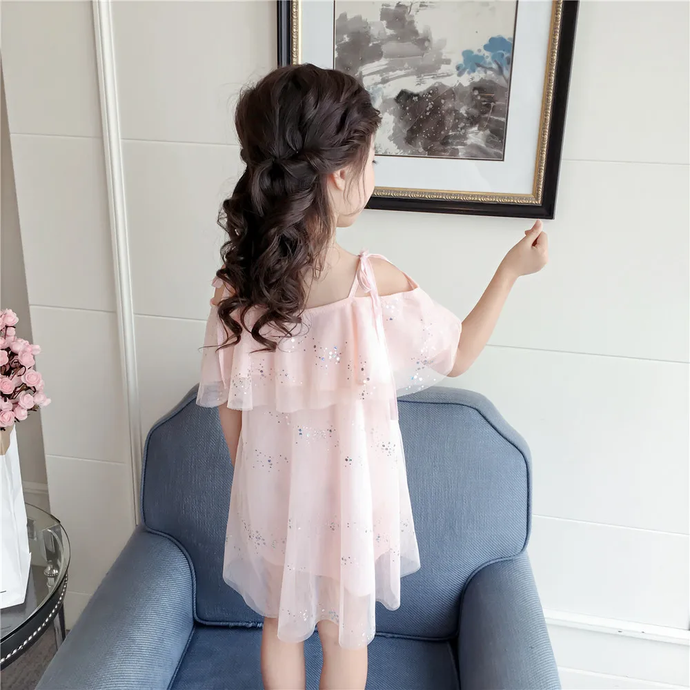 Everweekend Ins Girls Party Sequin Tulle Western Fashion Ruffles Clothes Candy Pink Halter Off Shoulder New Summer Kids Dress | Детская
