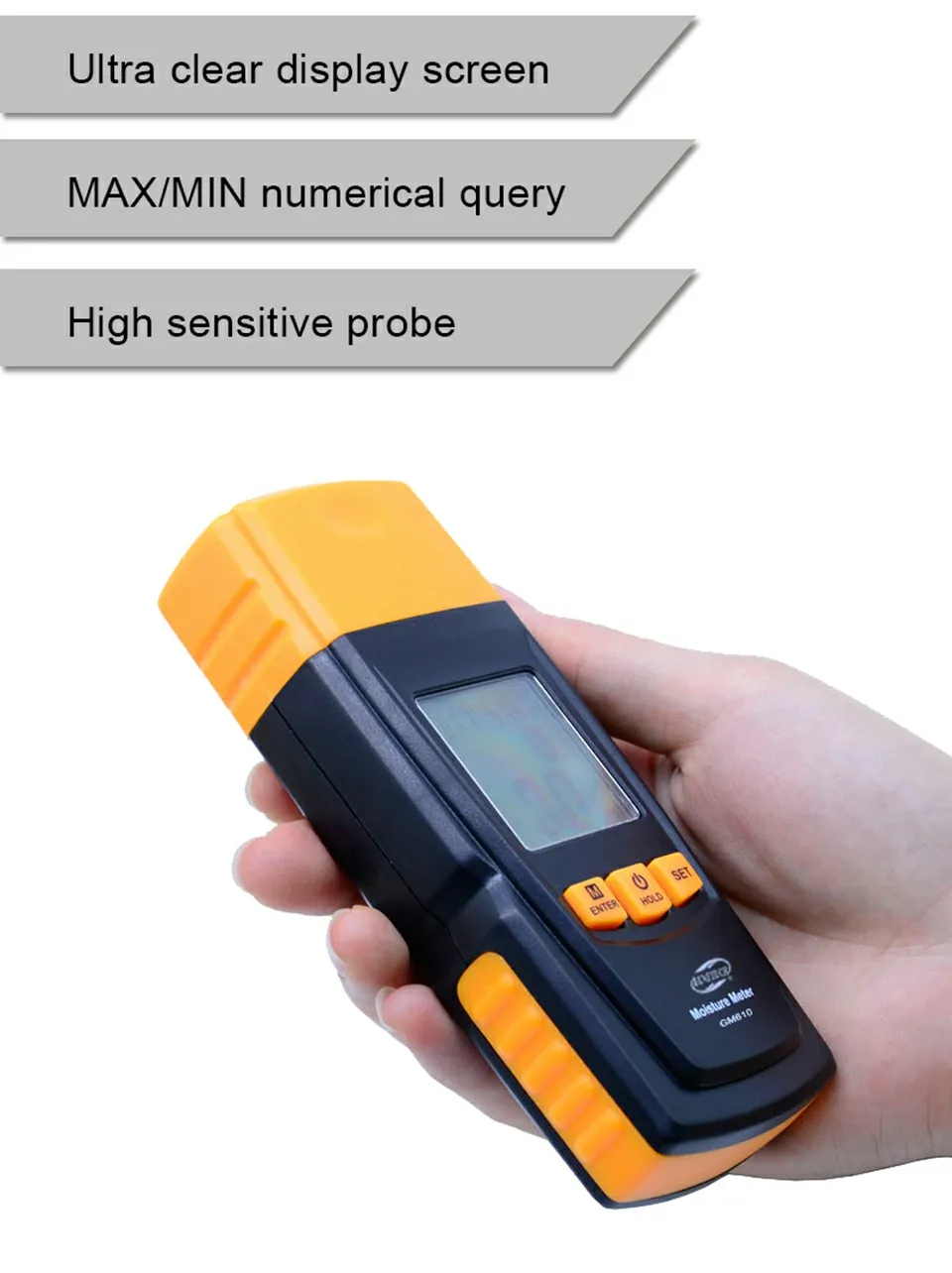 BENETECH GM610 измеритель влажности древесины, 2 контакта, измеритель влажности, детектор влажности, гигрометр, диапазон 0~ 70%, цифровой ЖК-дисплей