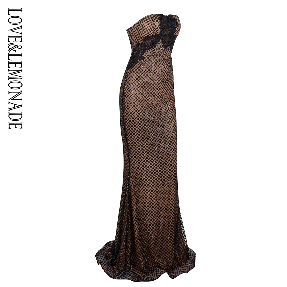 Женское длинное платье LOVE &amp LEMONADE черное кружевное в клетку модель LM1338 | Женская