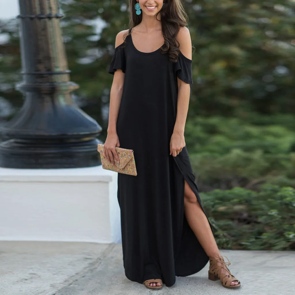 Женское длинное платье с разрезом Boho повседневное пляжное однотонное открытыми