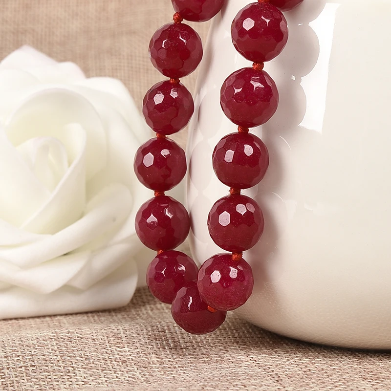 

Red chalcedony round bead necklace 10 mm beads hand knotted 18 inch long fashion necklace women's gift
