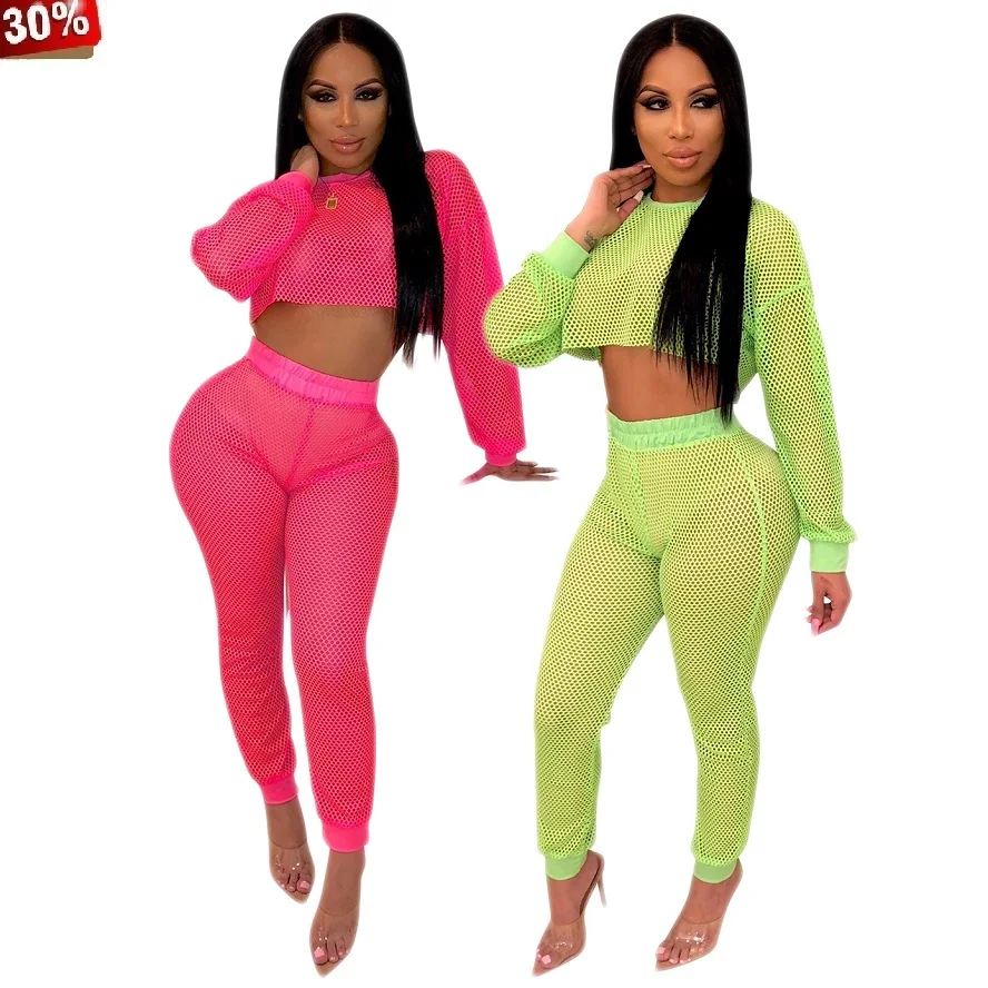 Пляжный Женский комплект 2 шт. кроше сетчатый кроп костюм с длинными рукавами