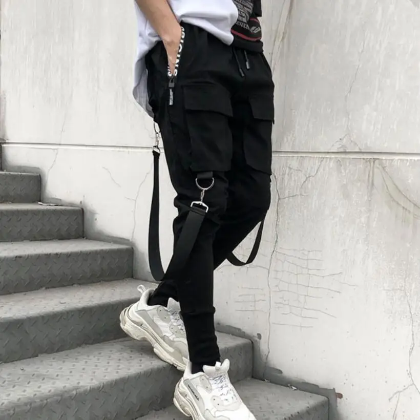 

Men spring summer ribbons patchwork hip hop cargo pants multi pockets punk jogger pants mens street vintage casual sweatpants