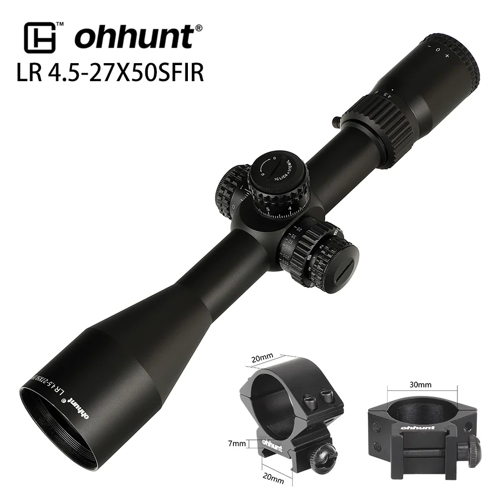 Low Picatinny Rings Охота LR 4.5-27X50 SFIR прицел Мил Дот Стеклянная травленая сетка Боковой параллакс Тактические оптические прицелы Блокировка турели визир диоптр - Цвет: Low Picatinny Rings
