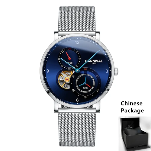 Blue silver C8026C Карнавальные ультратонкие турбийон Авто механические часы для мужчин люксовый бренд полностью стальные водонепроницаемые мужские часы relogio kol saati - Цвет: Blue silver C8026C
