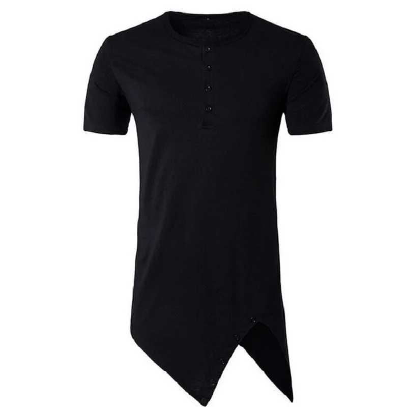 LILL | Men Casual T Shirts Black Button Longline Hip Hop T-Shirt Short Sleeve Summer Loose Top Tees White Irregular XAA023 Мужская