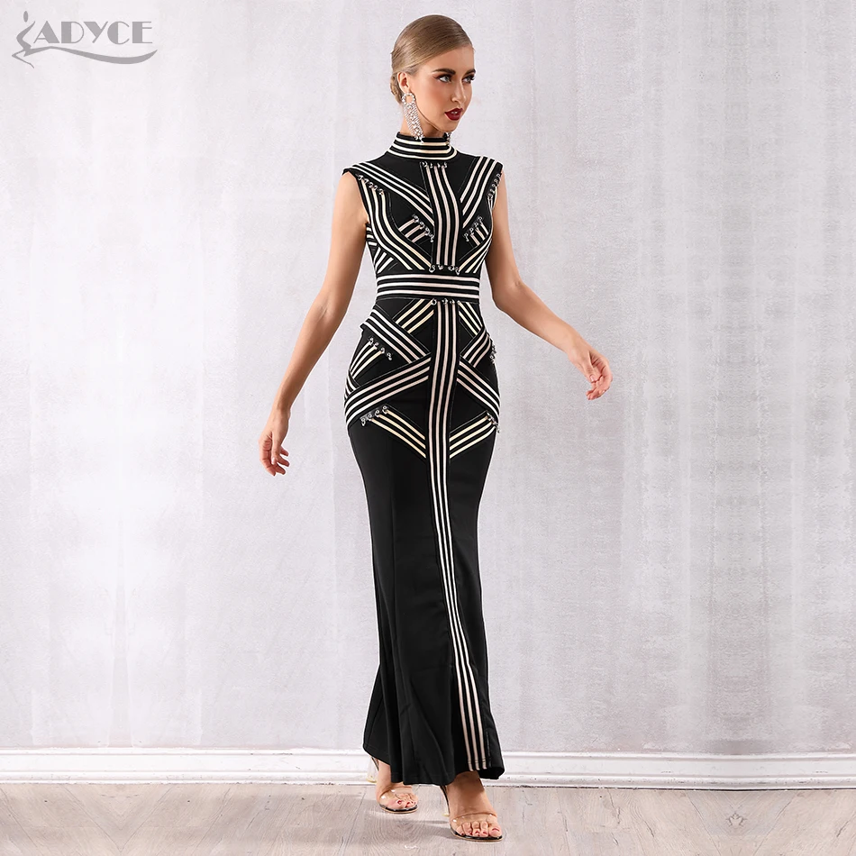 Женское платье без рукавов ADYCE черное облегающее в полоску вечернее пол лето 2019 |