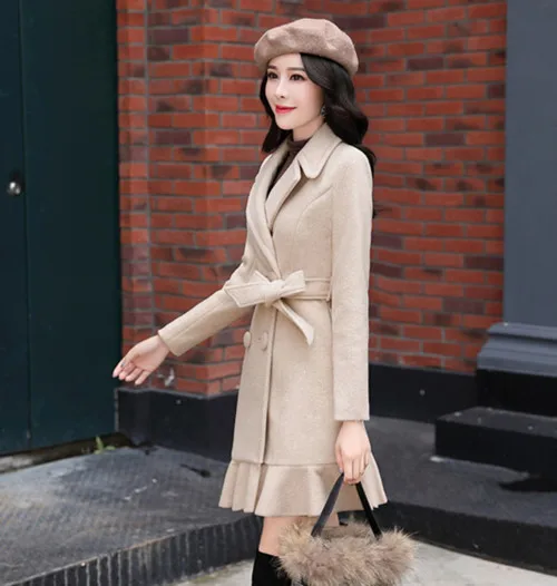 beige Шерстяное пальто для женщин пальто Осень Зима Новое поступление однотонное розовое синее красное простое пальто с длинным рукавом пальто с оборками - Цвет: beige