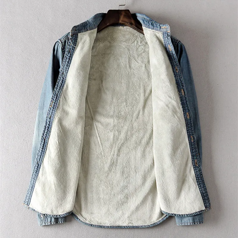 

Fashion men denim shirt Autumn Winter Plus velvet Lining cowboy Casual shirt mens blue cotton Jeans shirt New Male loose shirt