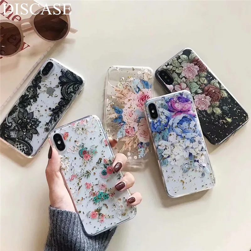 DISCASE свежий золото клей для фольги чехол iphone XS MAX XR Мода блеск цветок Soft Shell X 8 7 6 6s