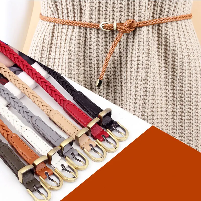 

New Women Belt Knitted Pu Leather Rope Braid Leather Belts Fashion Dress Belt For Ceinture Femme Decoration Wide-Pin Buckle