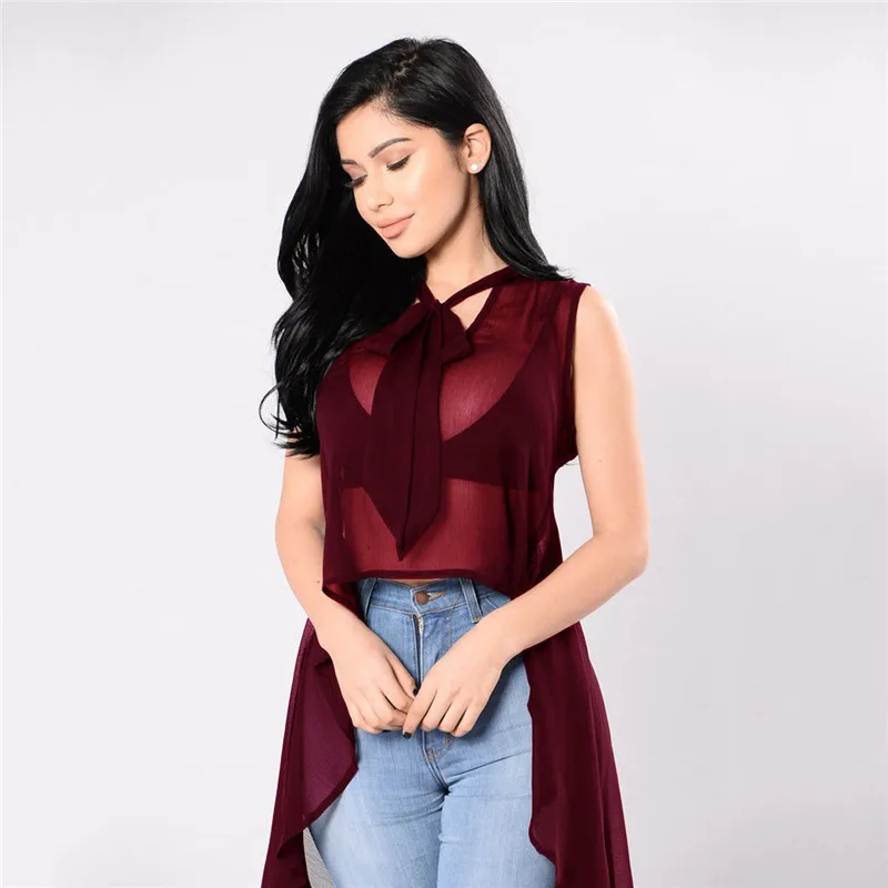 Sexy Summer Women's See through Tops Shirt Solid Black Burgundy Bowknot Mesh Sheer Sleeveless Irregular Blouse&Shirts Clothes