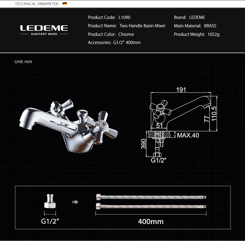 LEDEME Смеситель для умывальника латунь Цвет: хром L1090