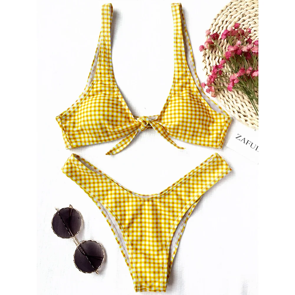 Женское клетчатое бикини со средней талией и глубоким вырезом|swimwear sexy|swimwear women