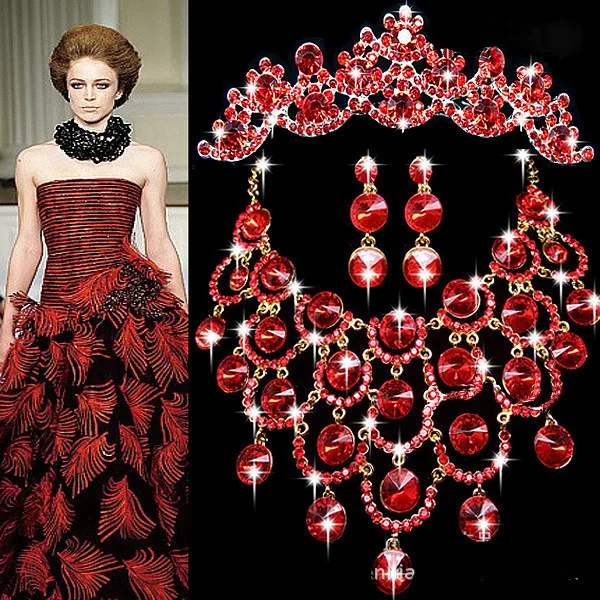 1Set Red Statement CZ Rhinestone Wedding Jewelry Sets Best Presents For Bridal Necklace Earrings Tiara Pageant | Украшения и