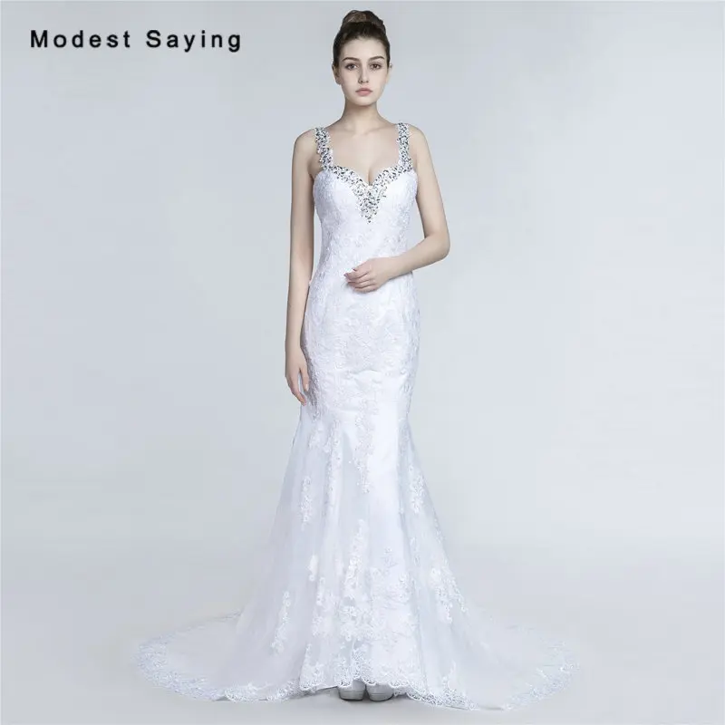 

Sexy Plunging Back Mermaid Beaded Lace Wedding Dresses 2017 with Strap Formal Women Bridal Gowns vestido de noiva Custom Made