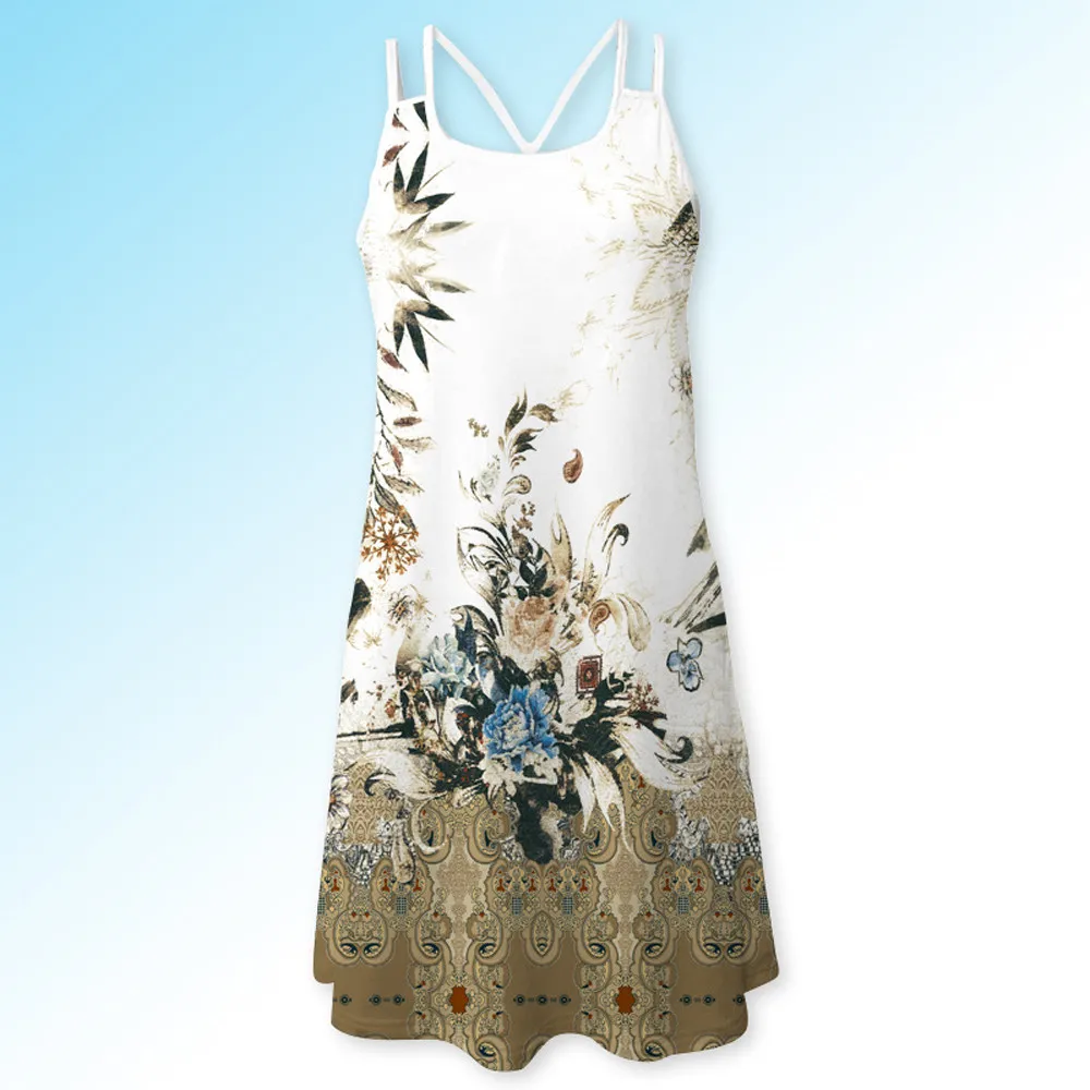 

Women Summer Vintage Spaghetti Strap Dress Summer Sleeveless 3D Floral Print Bohe Short Mini Dress