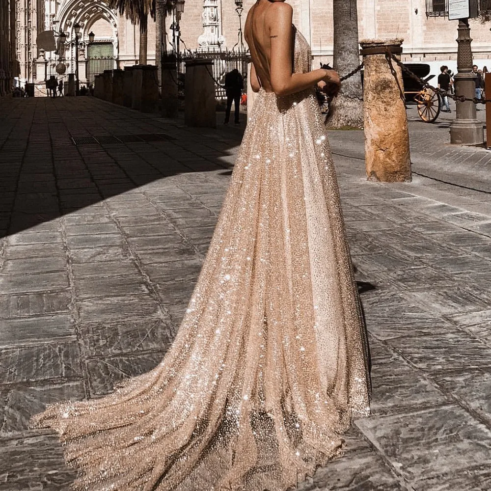 Women's sexy lace solid color sleeve back hollow V-neck long elegant dress summer dresses and sundresses #30 | Женская одежда